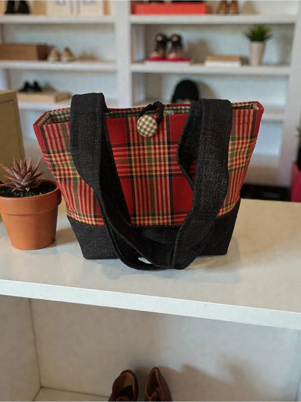 Hand Crafted Red Plaid Tote with Black Accents